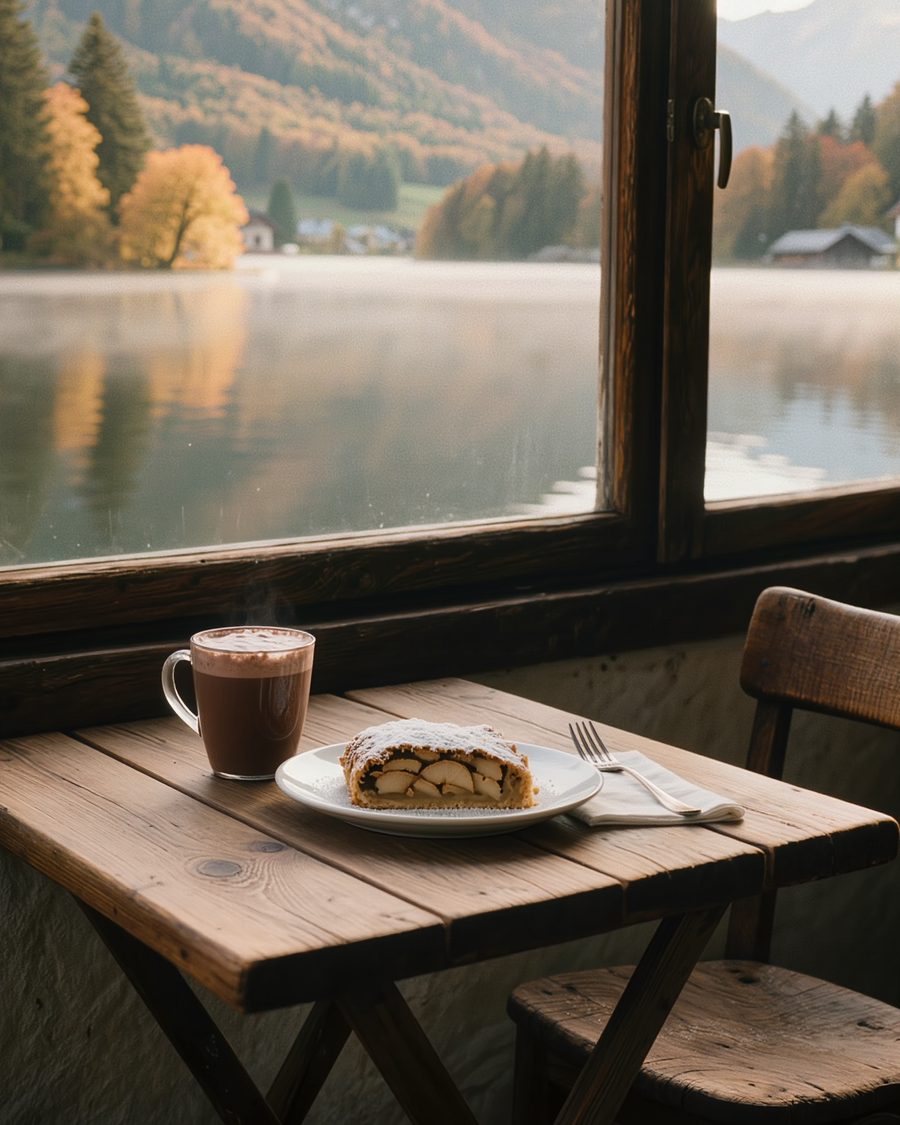 Hot chocolate and apple strudel at a café window over the misty lake in Hallstatt.