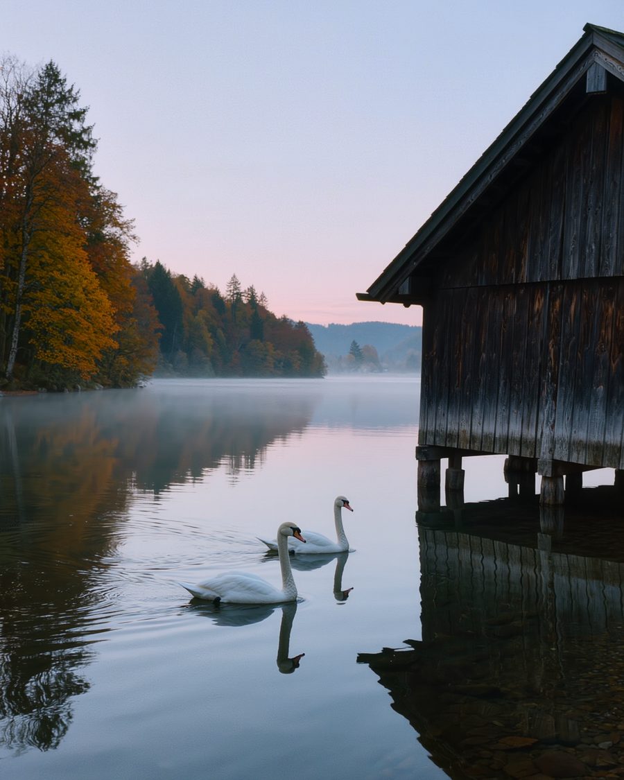 Two swans on the still lake at Hallstatt beside an old wooden boathouse.