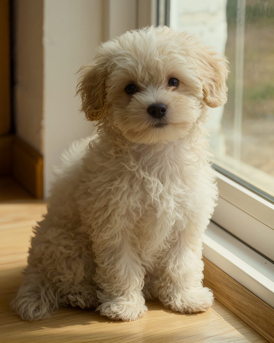 Latte, a small fluffy cream Maltipoo puppy, sitting in a sunny window.