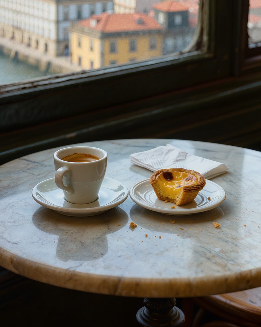 An espresso and a pastel de nata on a marble café table by a window in Porto.