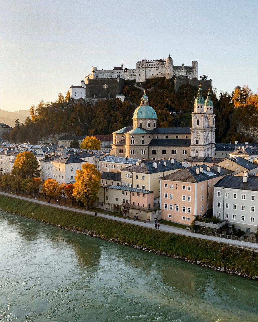 Salzburg's old town and fortress across the river, with Lia's scarf at the edge of the frame.